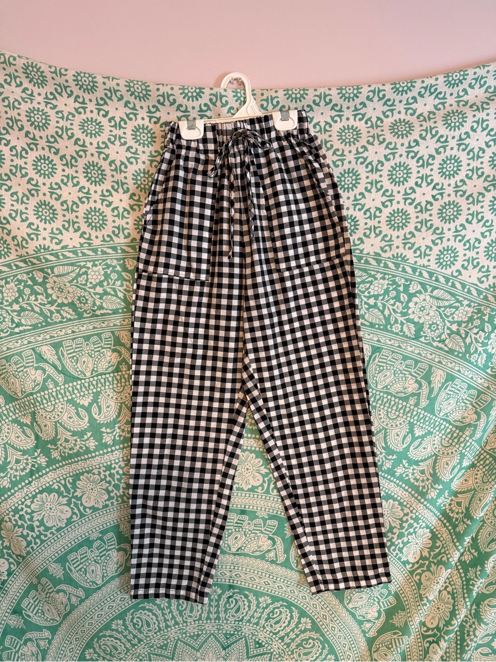 SHEIN Black & White Linen Gingham Ankle Pants